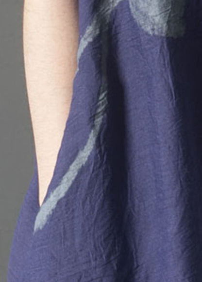 French Navy Oversized Print Linen Layered Dress Summer