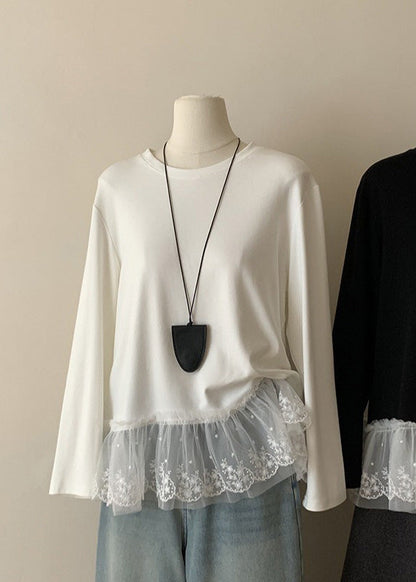 White O Neck Lace Patchwork Cotton T Shirts Top Spring