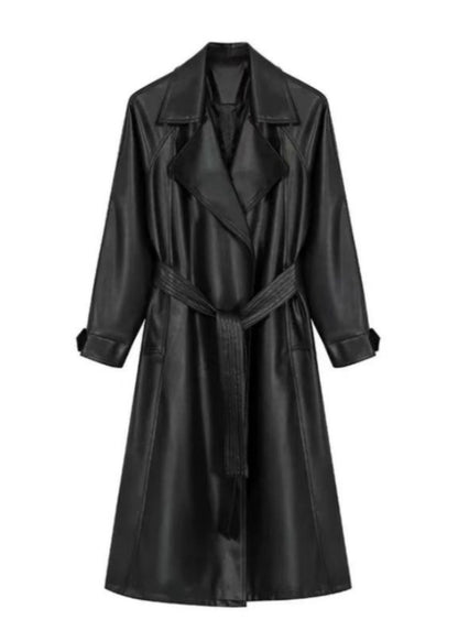 Black Peter Pan Collar Pockets Faux Leather Trench Spring