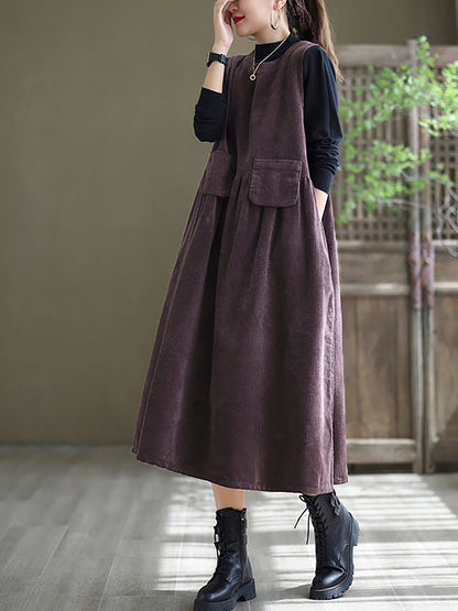 - Corduroy Pocket Sleeveless Pinafore Dress