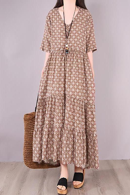Pleated Lace-up Print Maxi Dress