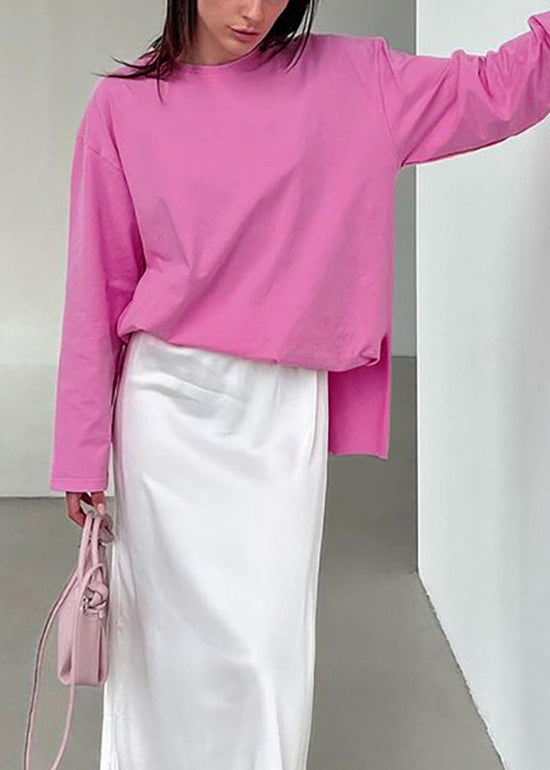 Pink O Neck Versatile Cotton T Shirts Fall