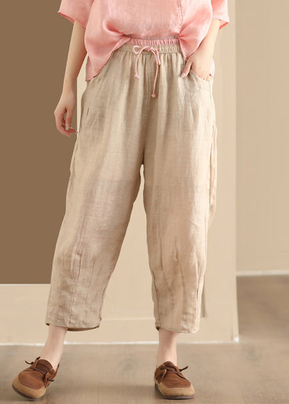 Blue Pockets Elastic Waist Linen Harem Pants Summer