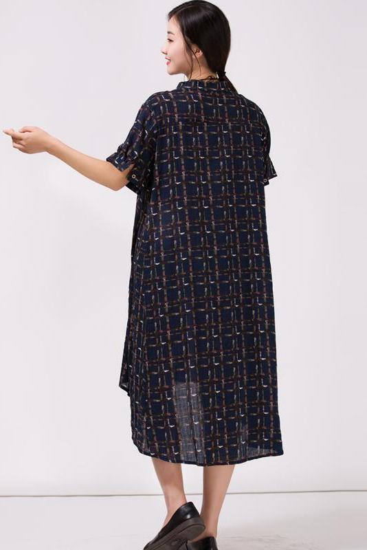 Stand Collar Cotton Colored Printed Dress
