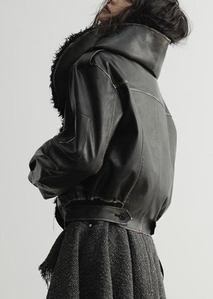 Black Fur Collar Pockets Faux Leather Coats Spring