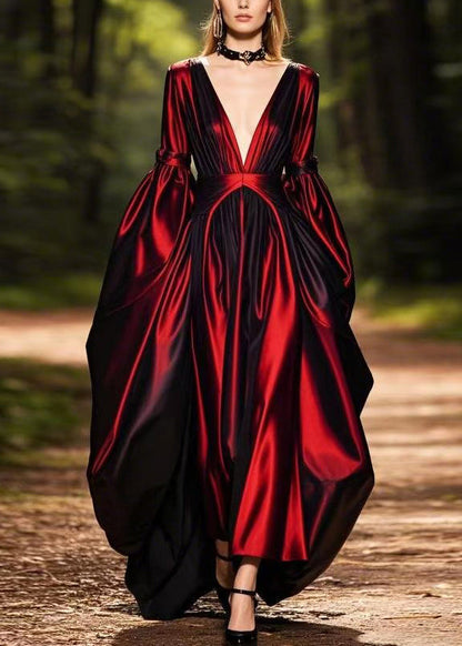 Mulberry Patchwork Silk Long Dresses Lantern Sleeve