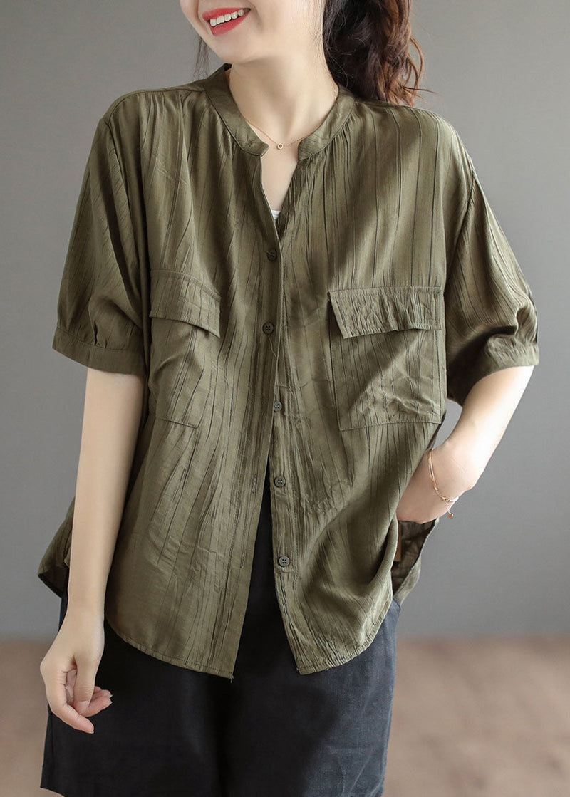 Style Army Green V Neck Wrinkled Button Cotton Shirt Tops Short Sleeve