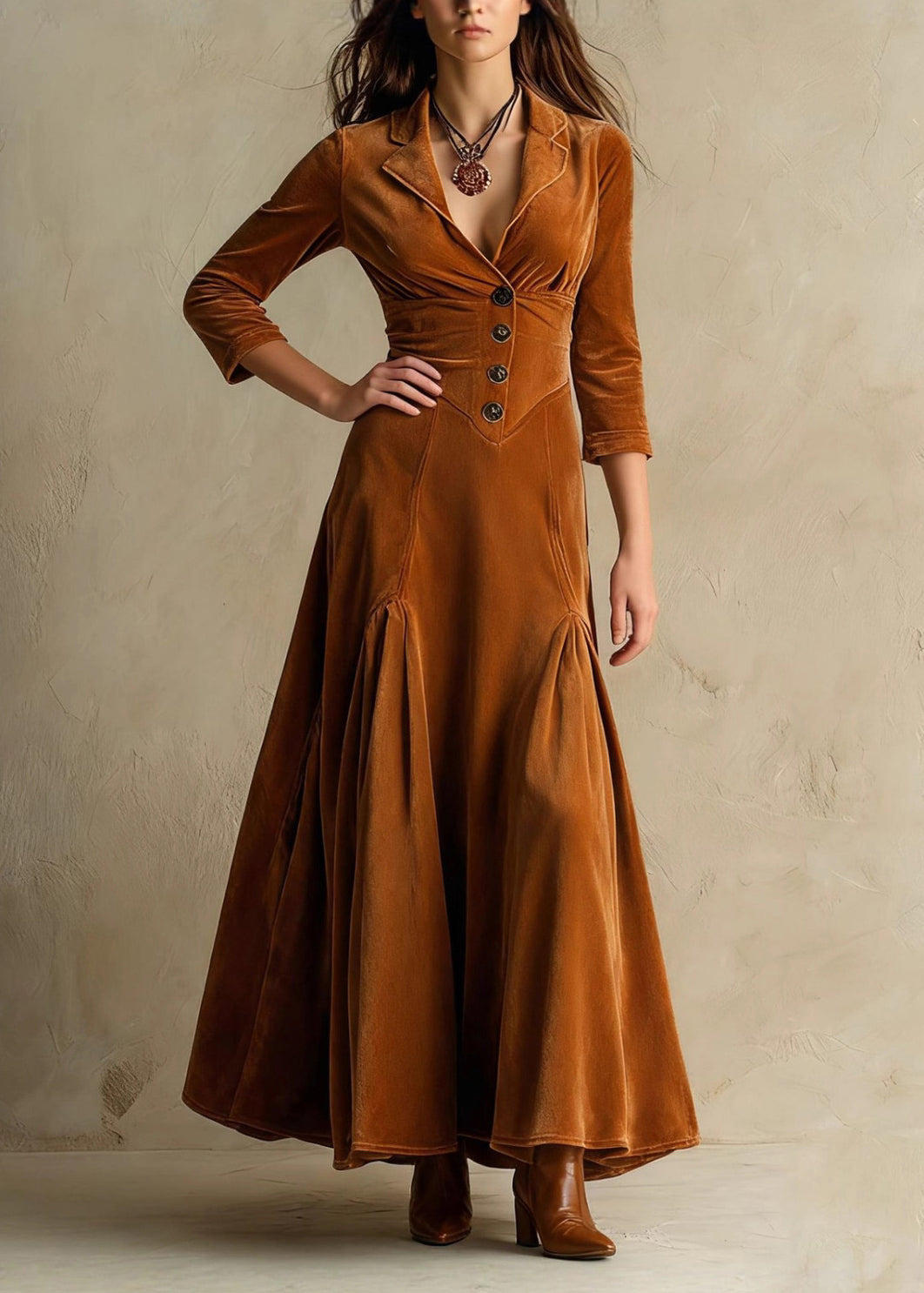 Original Design Brown Peter Pan Collar Velour Dress Autumn