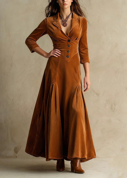 Original Design Brown Peter Pan Collar Velour Dress Autumn