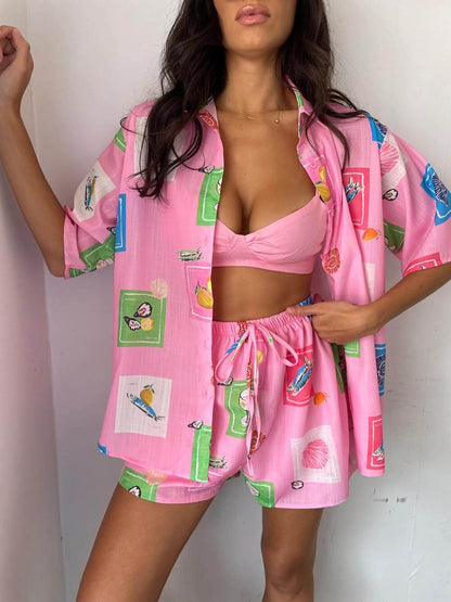 Printed Shirt Lace-up Elastic Shorts Set
