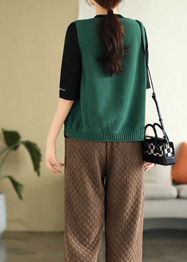 Modern Green V Neck Knit Vest Tops Sleeveless