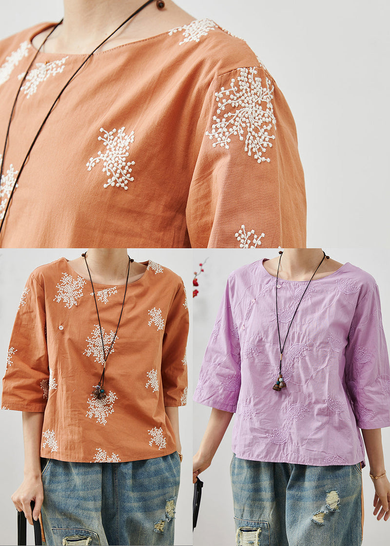 Purple Cotton Top O-neck Embroidered Summer