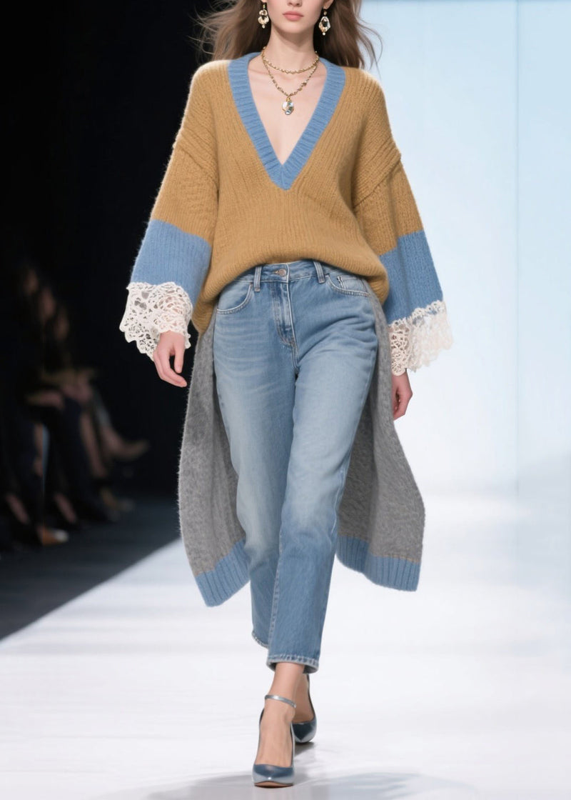 Brown Low High Design Patchwork Long Sweaters Winter