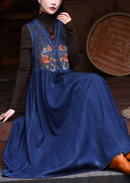 Diy Denim Blue V Neck Embroidered Patchwork Maxi Denim Vest Dress Sleeveless