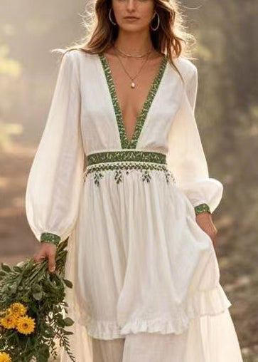 White Deep-v Neck Exra Large Hem Long Dress Spring