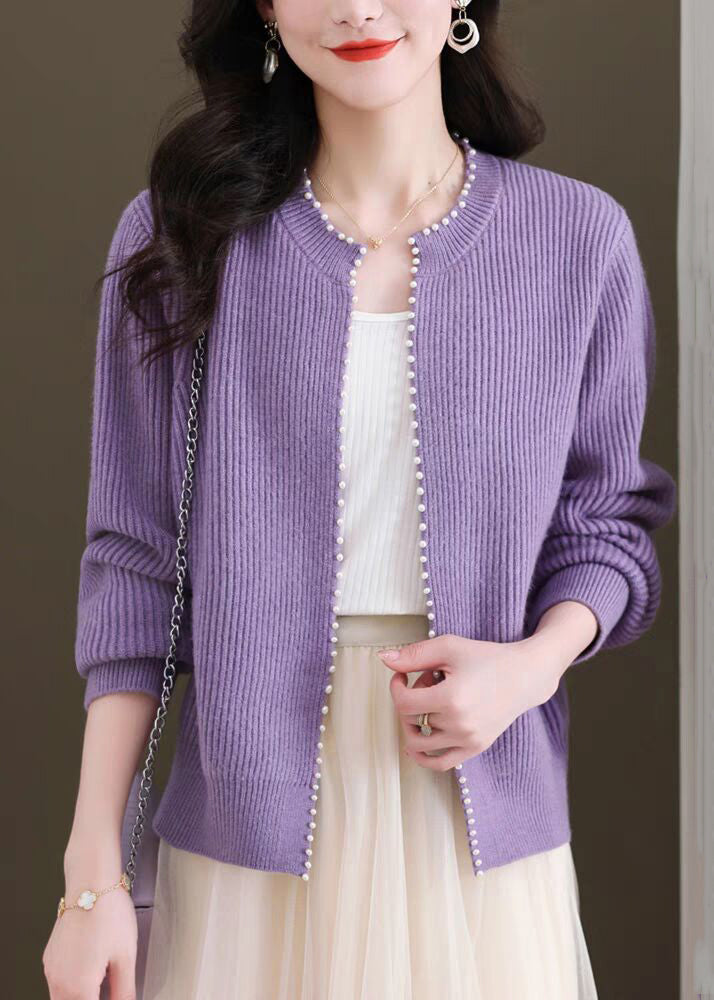 Purple Nail Bead Knit Fall Cardigan O Neck