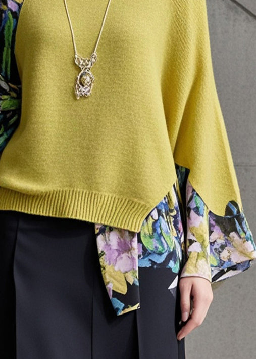 Yellow Asymmetrical Patchwork Fake Two Piece Knit Shirts Fall