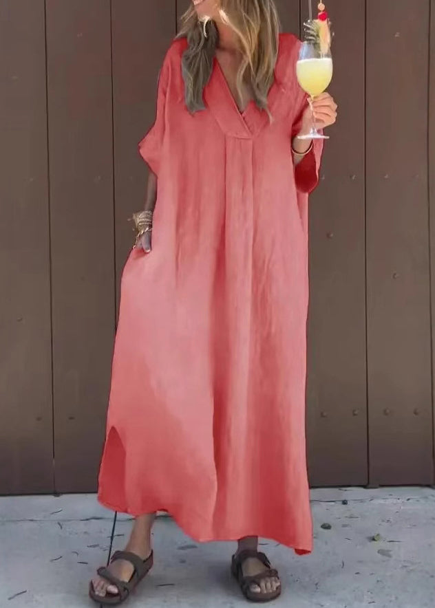 Blue V Neck Pockets Cotton Dresses Summer
