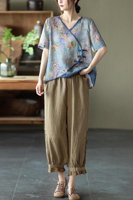 Stitching Print V Neck Short Sleeve T-shirt
