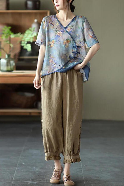 Stitching Print V Neck Short Sleeve T-shirt