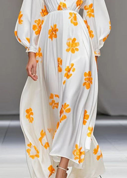 White V Neck Print Silk Vacation Dresses Fall