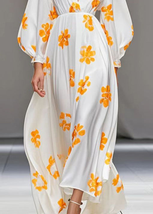 White V Neck Print Silk Vacation Dresses Fall