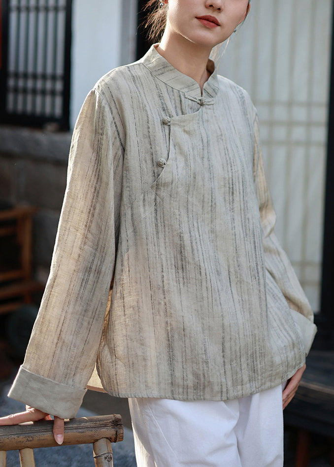 Chinese Style Khaki Stand Collar Patchwork Linen Shirts Spring