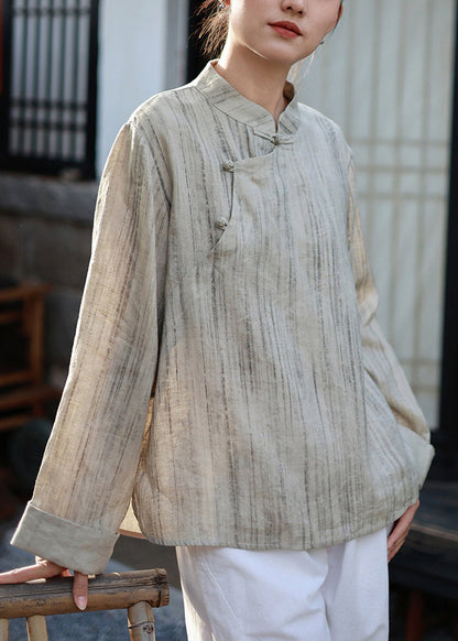 Chinese Style Khaki Stand Collar Patchwork Linen Shirts Spring