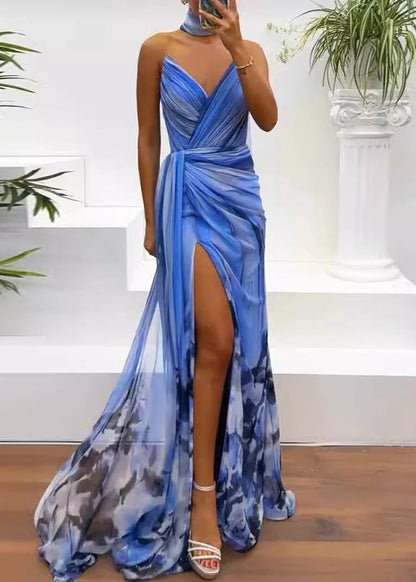 Blue Cold Shoulder Print Chiffon Long Dress Sleeveless