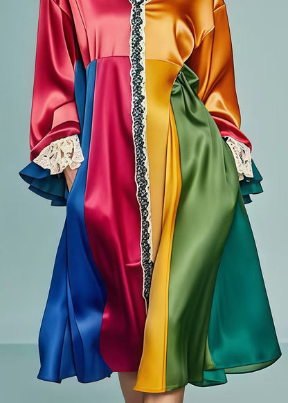 Style Multicolor Oversized Lace Patchwork Silk Vacation Dresses Fall