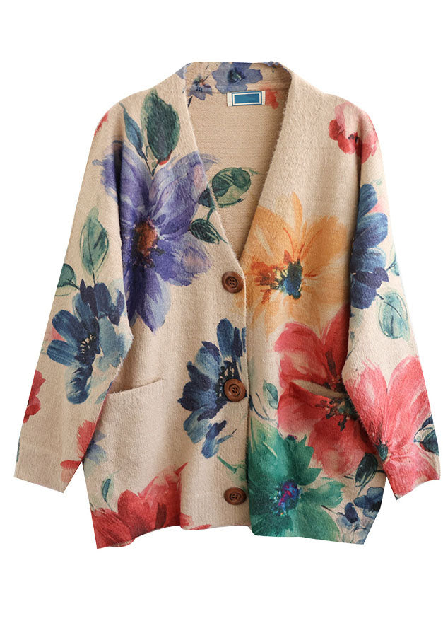 Diy Khaki V Neck Print Mink Hair Knitted Loose Coat Spring Sweater