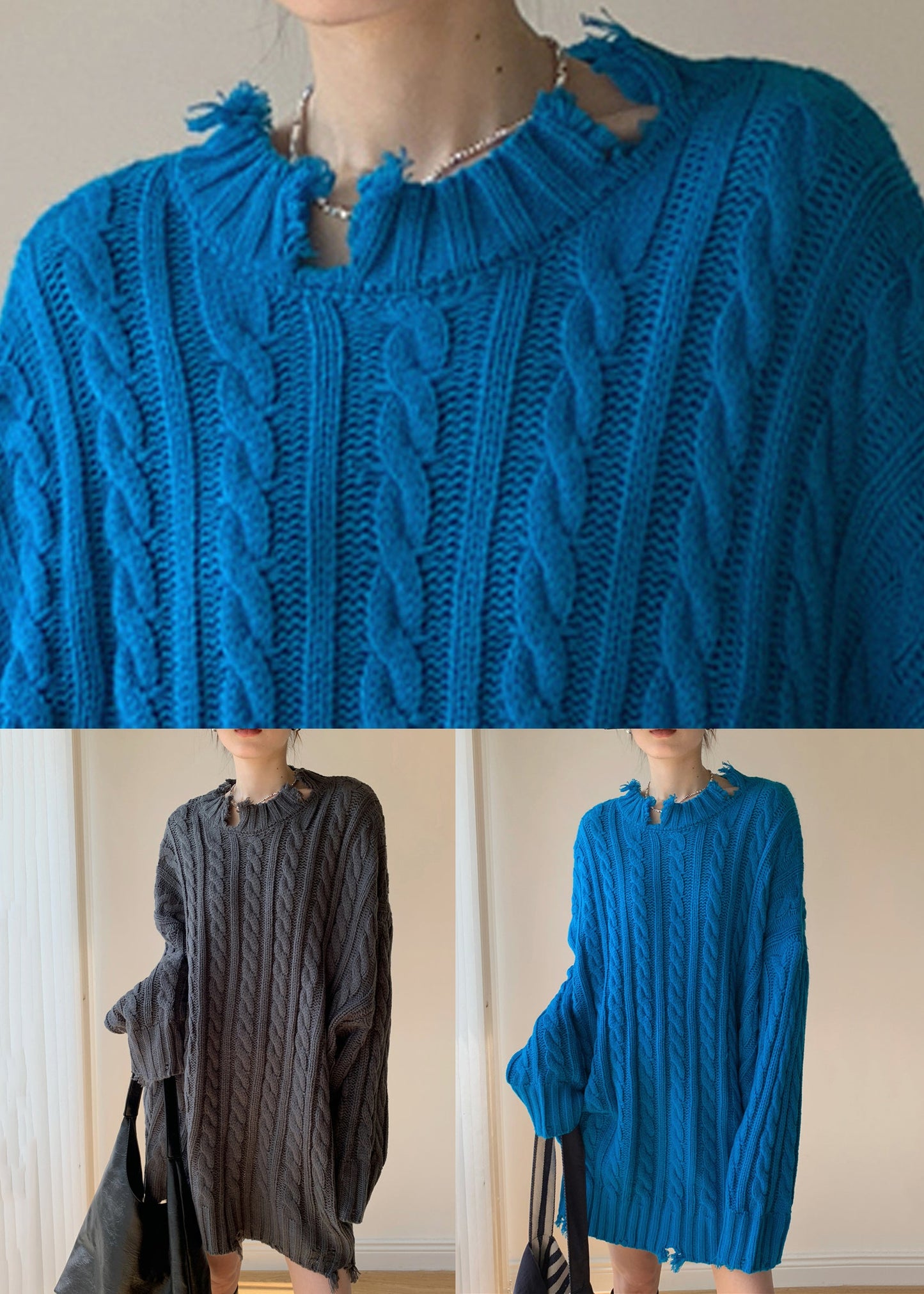 Loose Blue Hole Cable Knit Sweaters Winter