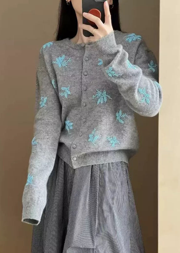 Navy Embroidered Button Knit Coat Fall