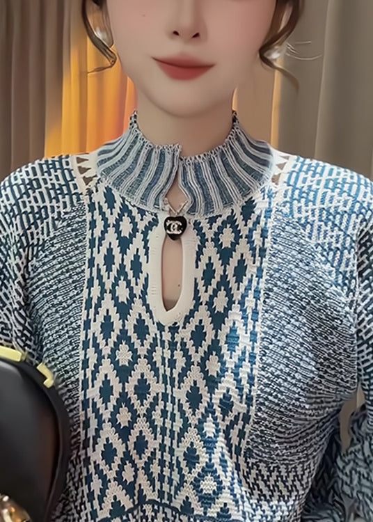 Blue Stand Collar Print Knit Sweater Fall