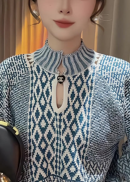 Blue Stand Collar Print Knit Sweater Fall