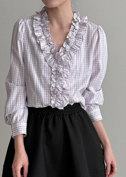 Fine Light Purple Ruffled Plaid Cotton Blouse Top Spring