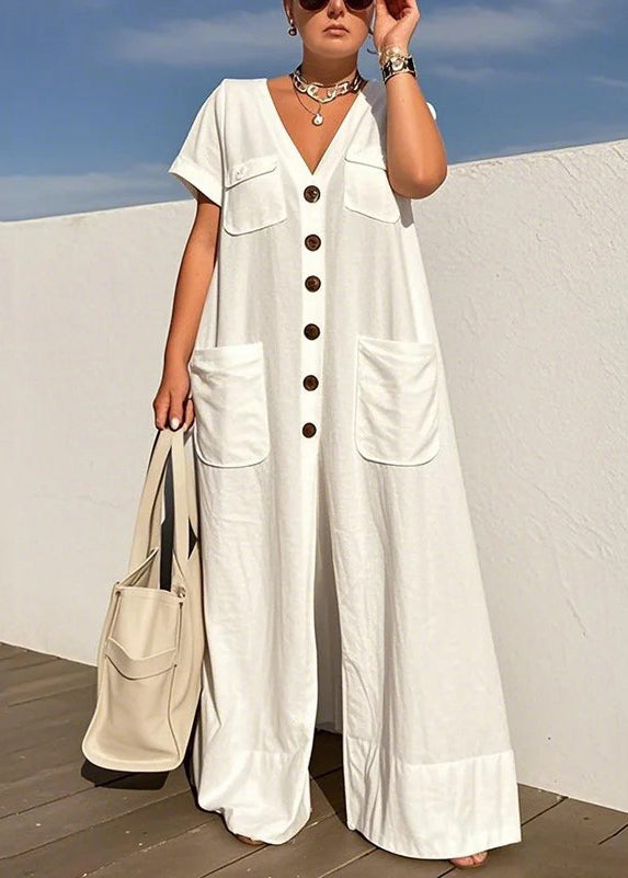 Style White V Neck Button Pockets Cotton Jumpsuits Summer
