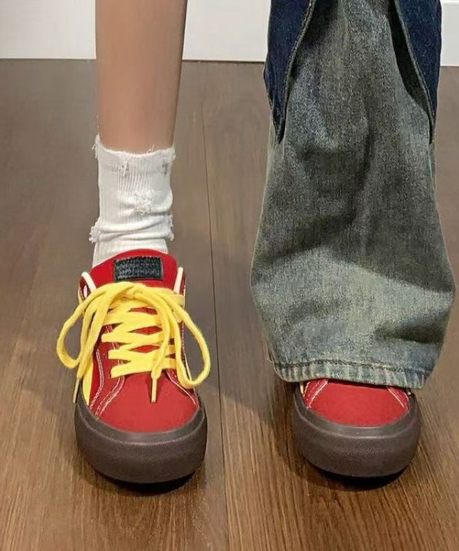 Red Canvas Flat Feet Shoes Splicing Lace Up
