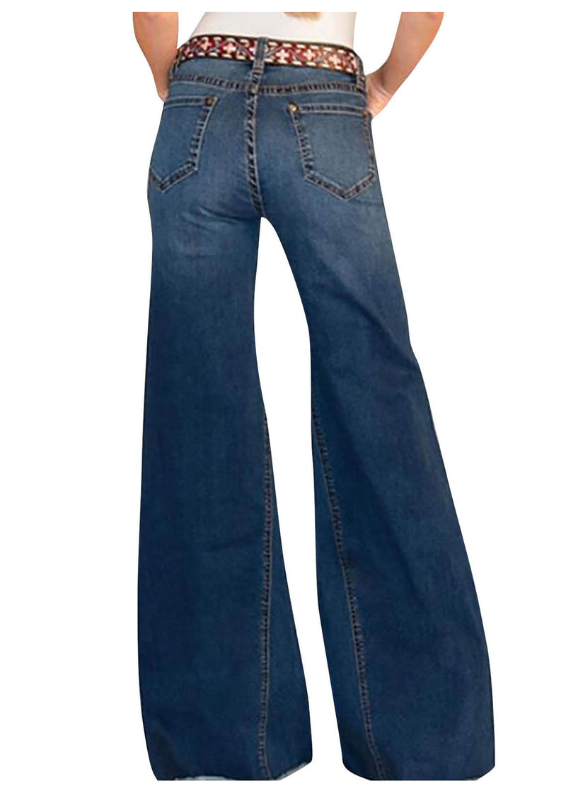 Blue Pockets Patchwork Denim Wide Leg Pants Summer
