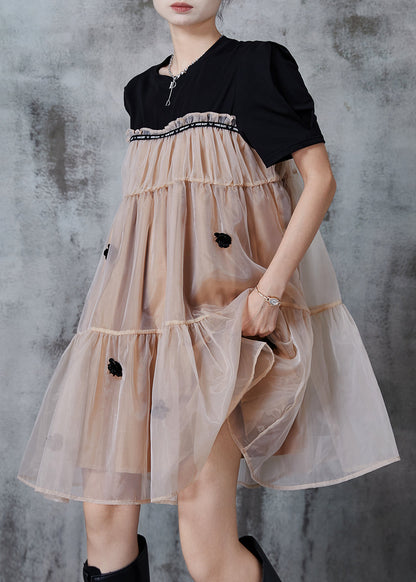 Khaki Oversized Patchwork Tulle Tea Dress Summer