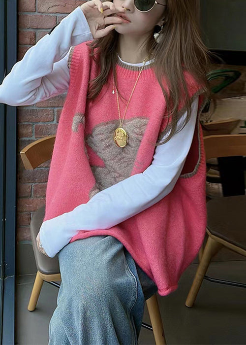 Watermelon Red O Neck Cozy Knit Waistcoat Sleeveless
