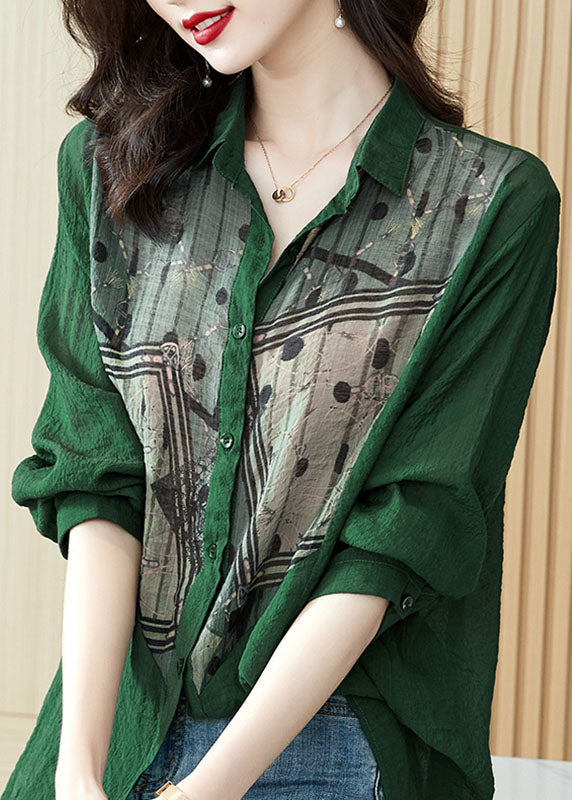 Green Peter Pan Collar Print Patchwork Cotton Blouses Long Sleeve