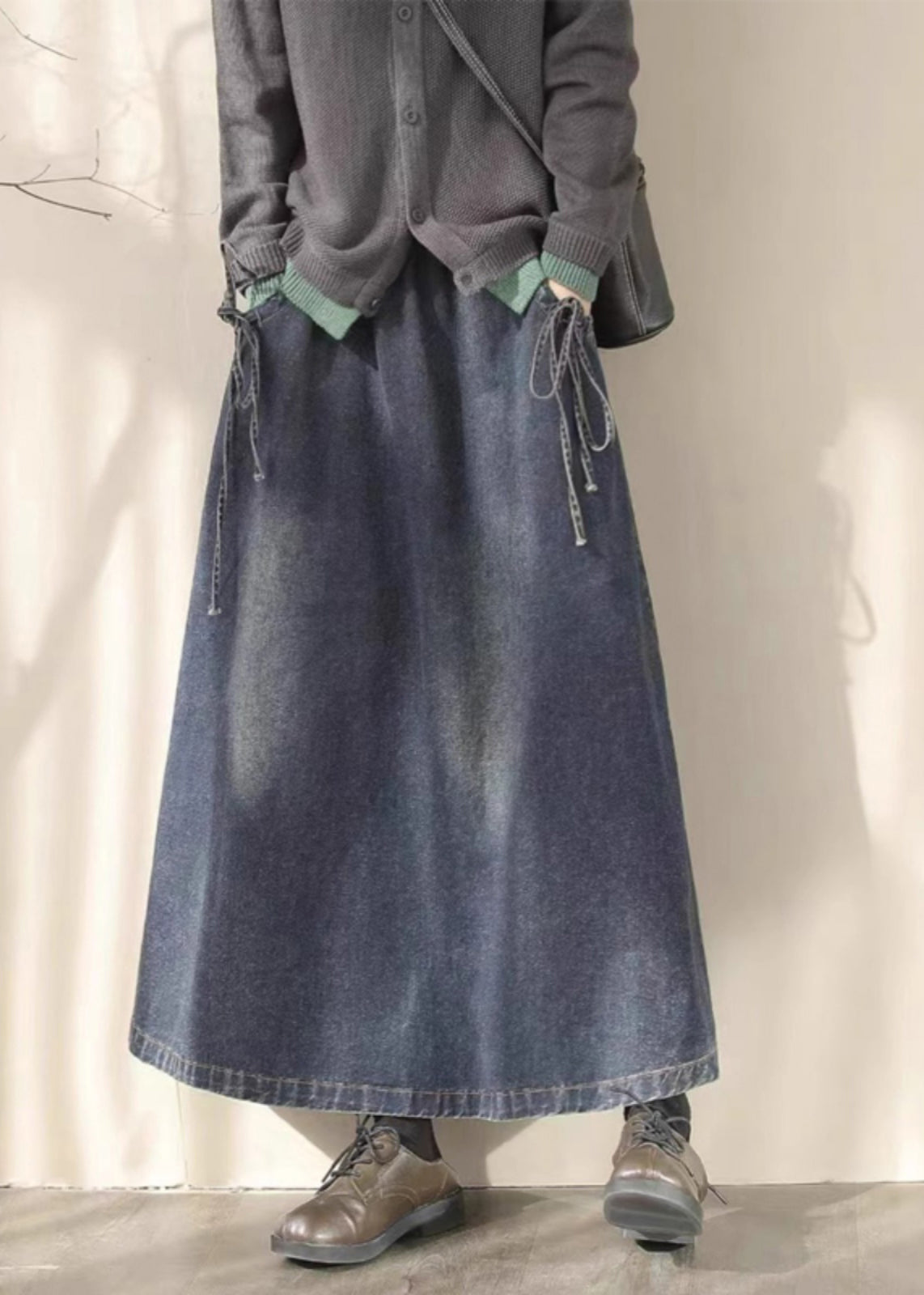 Blue Elastic Waist Lace Up Denim Skirt Spring