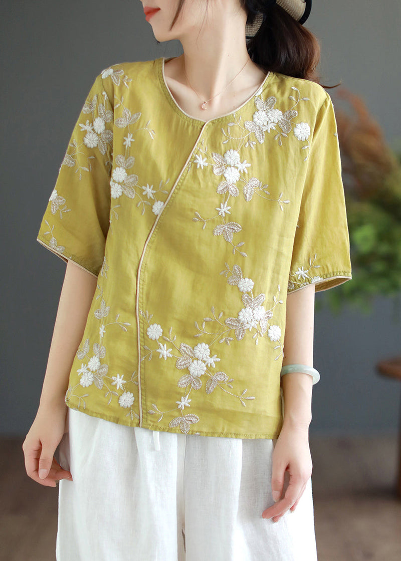 Red O-neck Embroidered Linen Tops Half Sleeve