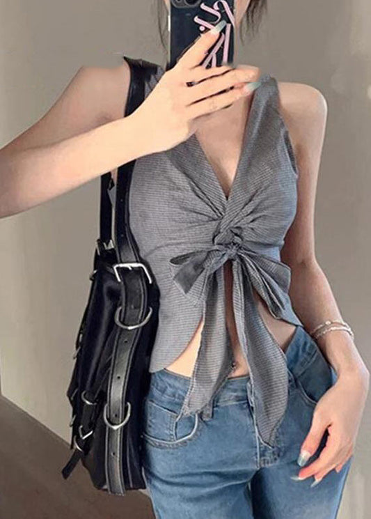 Grey V Neck Tie Waist Vest Summer