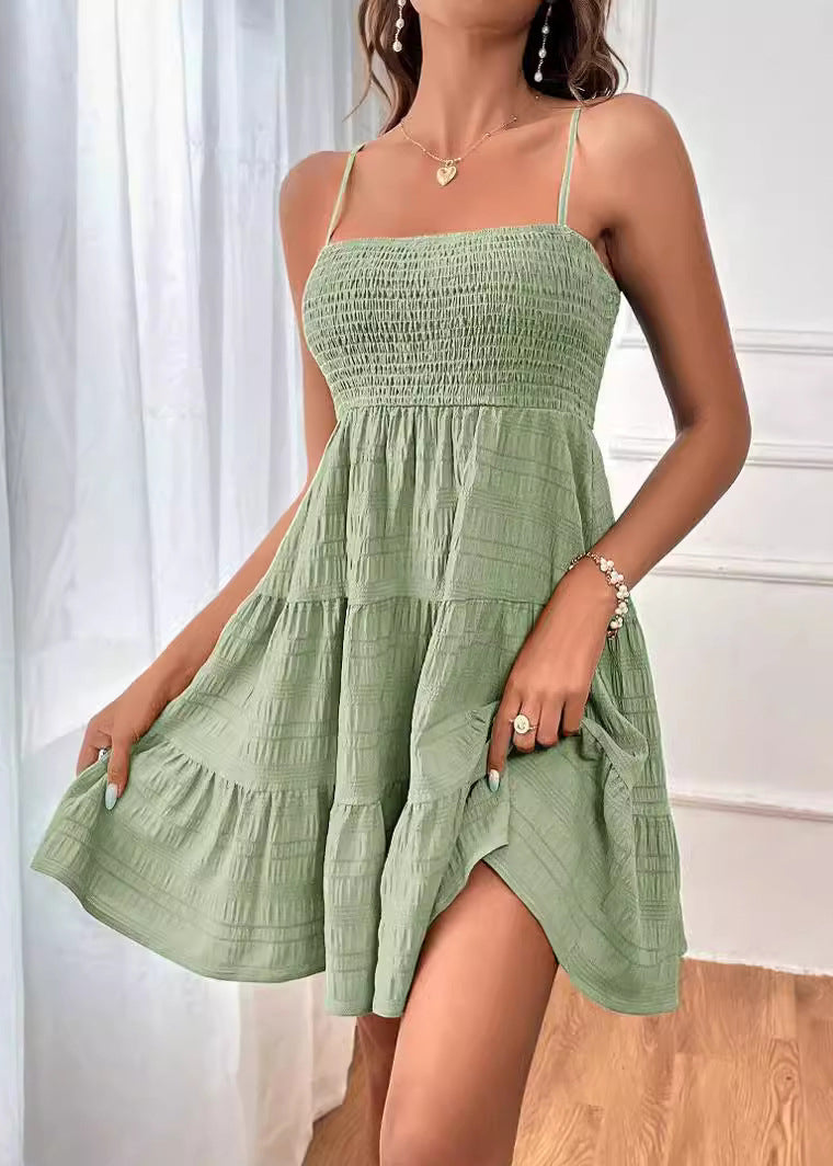 Modern Royal Blue Wrinkled Cotton Mini Spaghetti Strap Dress Summer