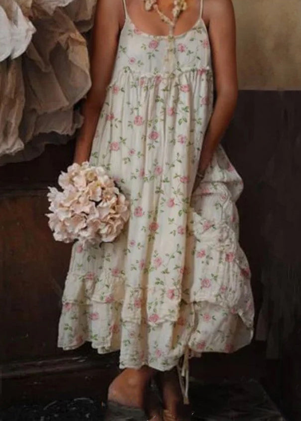 Beige Ruffled Print Cotton Spaghetti Strap Dress Sleeveless