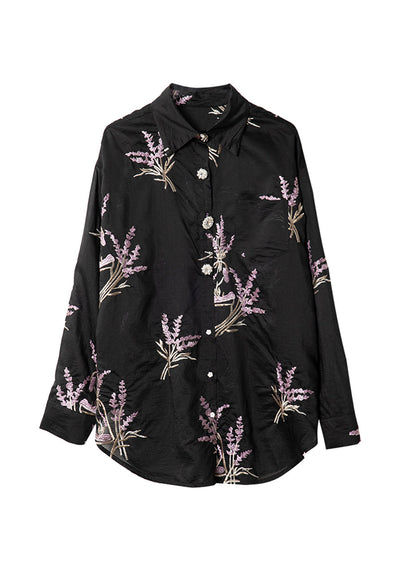 Black Peter Pan Collar Embroidered Silk Shirt Top Long Sleeve