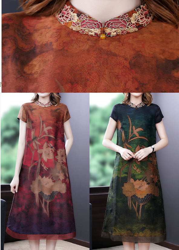 Green Print Silk Dress Embroidered Short Sleeve