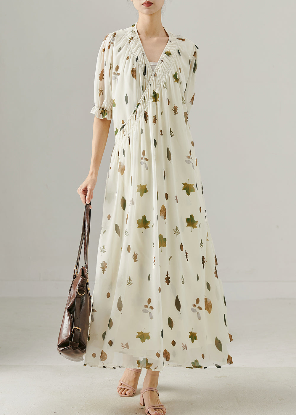 White V Neck Print Chiffon Maxi Dress Summer
